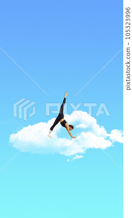 Young slim woman stretching, training on clouds. Feeling good, taking care after health and self. Contemporary art collage. 105323996