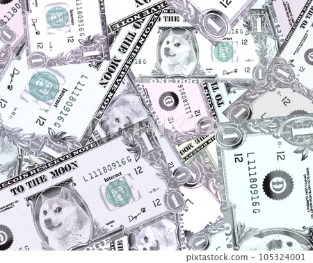 Doge coin (DOGE) banknotes pattern , the one of cryptocurrency ,Close-up . 105324001