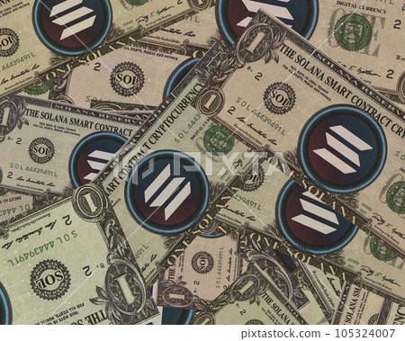 Solana (SOL) banknotes pattern , the one of cryptocurrency ,Close-up . 105324007