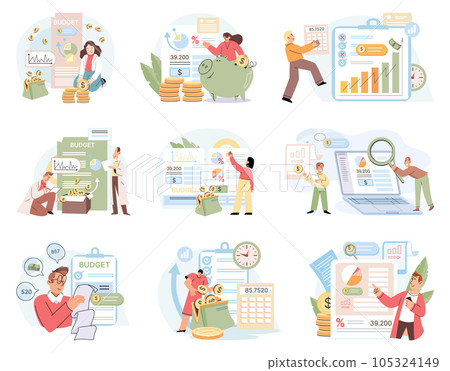 Set of people analyzing personal or corporate budget, cash revenue and costs . Concept of finance accounting and calculation of financial income and expenses report, assets, equity, earnings 105324149