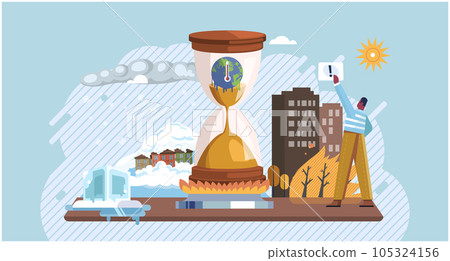 Climate change cycle as a dried or dry cracked land suffering from drought. Measuring planet temperature. Global warming, greenhouse, melting ice, earth pollution and disaster. Eco activist Climate change cycle as a dried or dry cracked land suffering from drought. Measuring planet temperature. Global warming, greenhouse, melting ice, earth pollution and disaster. Eco activist 105324156