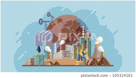 Climate change cycle as dried or dry cracked land suffering from drought. Industries create pollution and cities that affected by pollution. Metaphor climate change, global warming and water crisis Climate change cycle as dried or dry cracked land suffering from drought. Industries create pollution and cities that affected by pollution. Metaphor climate change, global warming and water crisis 105324161