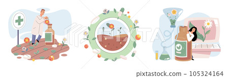 Homeopathy and herbal remedies set. Medical research laboratory diagnostics. Homeopathic treatment and phytotherapy. Traditional herb recipes of alternative medicine. Medicine pharmacy. Herbal pills 105324164