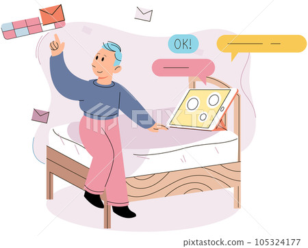 Smiling boy with tablet pc watching movies or studying online. Child character using gadget sitting at home playing video game before bed. Kid remote education, addiction of smart technologies 105324177