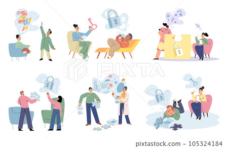 Treatment of kid stress, addictions and mental problems. Counseling therapy in office kicky. Conversation of female psychologist with headset. Mental therapy sessions with psychotherapists. Open child 105324184