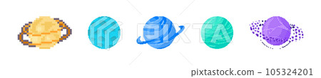 Set of pixel planets for game. Vector spheres in retro pixel art style astronomical elements. Planet, Earth, Mars, Jupiter, Saturn, spaceship of universe. Pixelated game location. 8 bit space objects 105324201