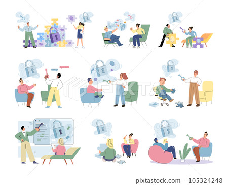 Psychotherapy session. Helping unravels the tangle of messy thoughts with mental disorder, anxiety and confusion mind or stress. Teenage, couple, individual and group psychology set. Therapy sessions 105324248