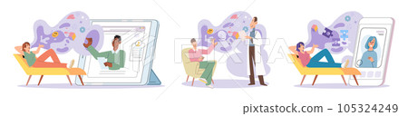 Happy Woman sits on the sofa and excitedly tells something to online counselor. Talk therapy concept. Psychotherapy concept. Psychologist listening to patient at mental therapy session. Online session 105324249