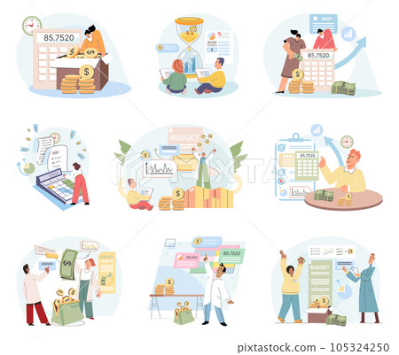 People analyzing personal or corporate budget. Saving money and economy concept. Budget planning financial management business. Money savings estimation, files organization system, financial report 105324250