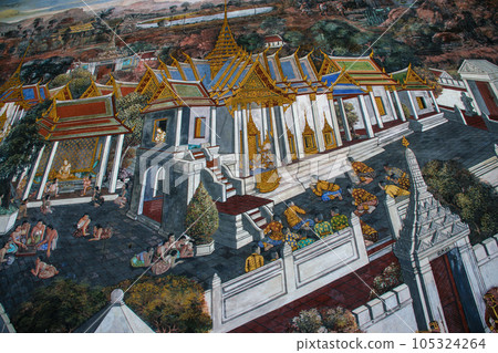 Historical paintings at the Temple of the Emerald Buddha and Grand Palace in Bangkok 105324264