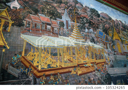 Historical paintings at the Temple of the Emerald Buddha and Grand Palace in Bangkok 105324265