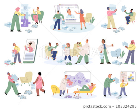 Psychologist listening to patient at mental therapy session. Growth mind and mental intelligence self development tiny person. Person talking to psychotherapist. Psychological session therapy support Psychologist listening to patient at mental therapy session. Growth mind and mental intelligence self development tiny person. Person talking to psychotherapist. Psychological session therapy support 105324293
