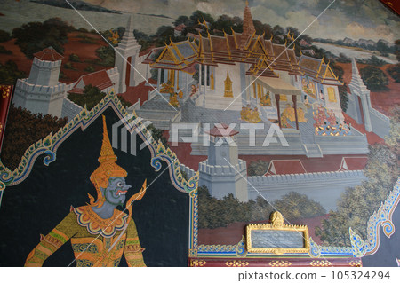 Historical paintings at the Temple of the Emerald Buddha and Grand Palace in Bangkok 105324294