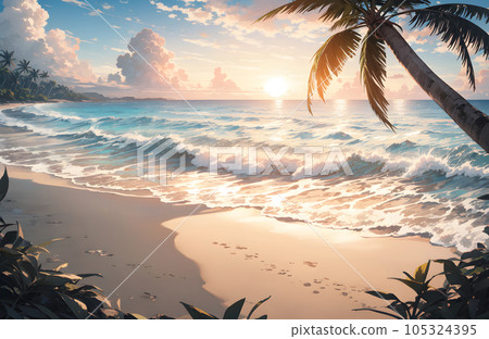 Dusk beach with palm trees Summer sea vacation illustration 105324395