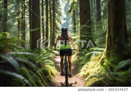 Young Woman's Forest Cycling Adventure. Generative Ai. Young Woman's Forest Cycling Adventure. Generative Ai. 105324437