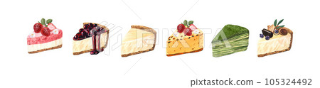 Watercolor set dessert, colorful sweet cakes slices pieces of cheesecake with fresh berries. Hand-drawn illustration isolated on white background.Perfect food menu, food drawing, design packing, print 105324492