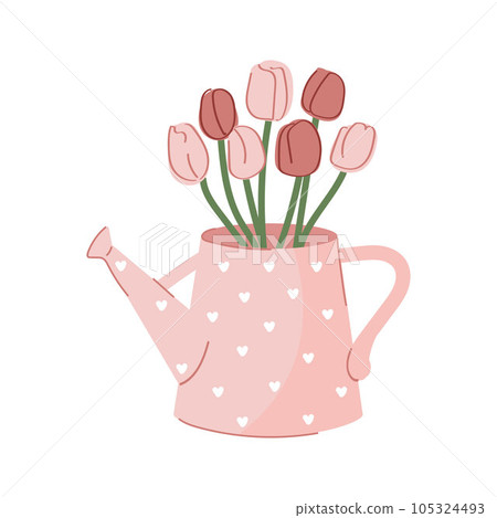 Cute pink watering can with doodle tulips. 105324493