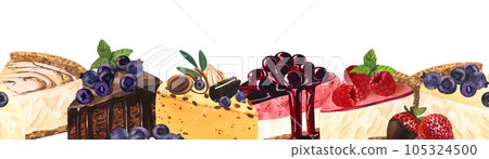 Watercolor banner dessert, colorful sweet cakes slices pieces of cheesecake with berries. Hand-drawn illustration isolated on white background.Perfect food menu, food drawing, design packing, print Watercolor banner dessert, colorful sweet cakes slices pieces of cheesecake with berries. Hand-drawn illustration isolated on white background.Perfect food menu, food drawing, design packing, print 105324500