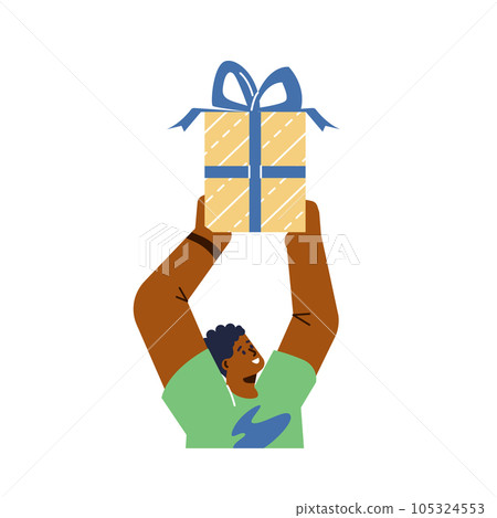 Black man raising hands holding gift box with bow, concept of surprise, birthday celebration, bonus vector flat creative 105324553