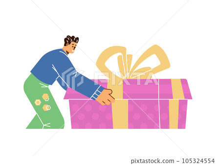 Man opens a huge gift box with bow, vector creative concept of holiday surprise, birthday celebration, bonus or loyalty Man opens a huge gift box with bow, vector creative concept of holiday surprise, birthday celebration, bonus or loyalty 105324554