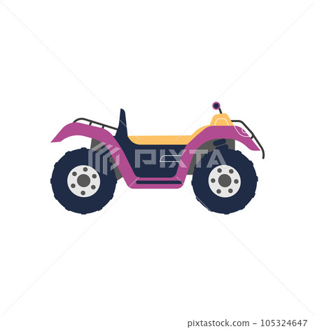 Purple Quad bike in side view, four-wheeled motorcycle transportation, ATV off-road transport vector flat illustration Purple Quad bike in side view, four-wheeled motorcycle transportation, ATV off-road transport vector flat illustration 105324647