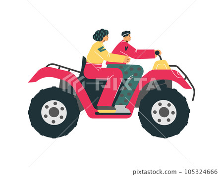 Red Quad bike with people, Four-wheeled quadrocycle, ATV off-road transport, extreme sport vector flat illustration Red Quad bike with people, Four-wheeled quadrocycle, ATV off-road transport, extreme sport vector flat illustration 105324666