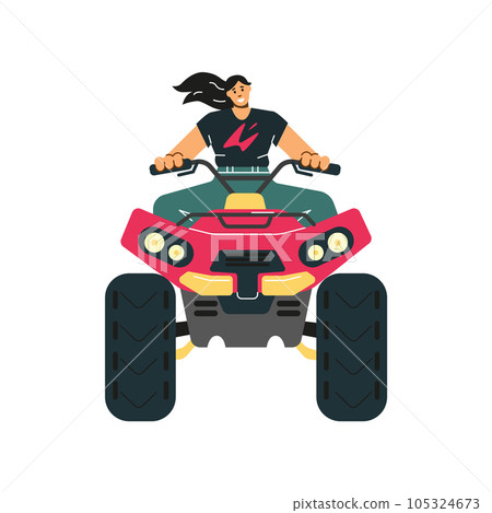 Woman character traveling on quad bike flat cartoon vector illustration isolated. Woman character traveling on quad bike flat cartoon vector illustration isolated. 105324673