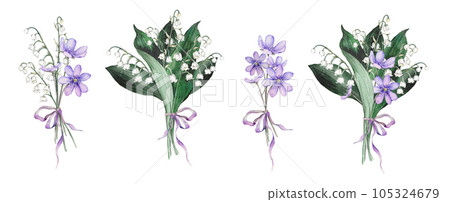 Watercolor flower arrangement with white bouquets of lilies of the valley and purple coppice. Isolated. Design for printing postcards, invitations to weddings, birthdays, spring and summer holidays 105324679
