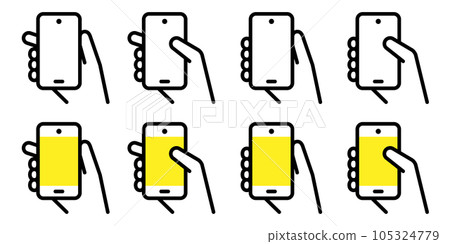 Hand holding smartphone, simple line drawing mobile screen vector icon illustration material set 105324779