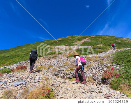Female and male climbers walking along the ridgeline to Mt. Kashima Yarigatake in the Northern Alps Female and male climbers walking along the ridgeline to Mt. Kashima Yarigatake in the Northern Alps 105324819