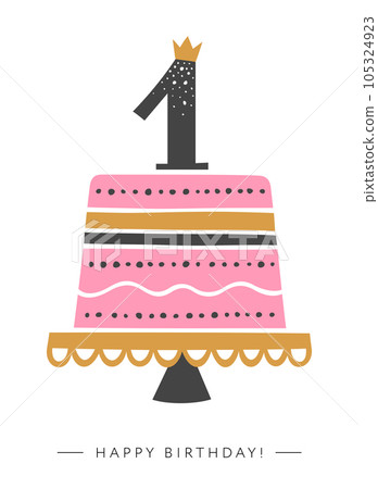First Birthday greeting card. Festive cake for baby girl with number 1 on top. First Birthday greeting card. Festive cake for baby girl with number 1 on top. 105324923