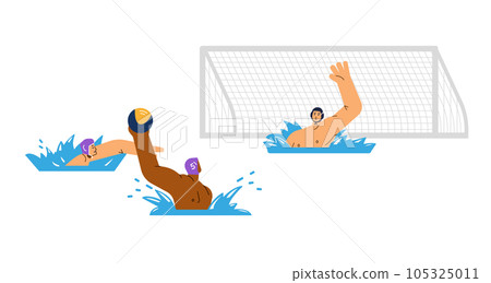 Water polo field players and goalkeeper throwing ball, flat vector illustration isolated on white background. Water polo field players and goalkeeper throwing ball, flat vector illustration isolated on white background. 105325011