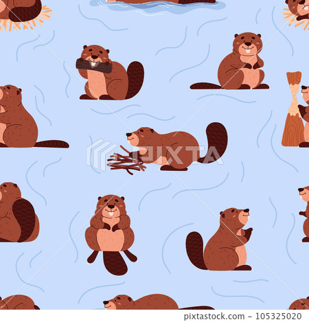 Seamless pattern with cartoon beavers gnaws at tree, collect branches, float, vector wild animal with large flat tail Seamless pattern with cartoon beavers gnaws at tree, collect branches, float, vector wild animal with large flat tail 105325020