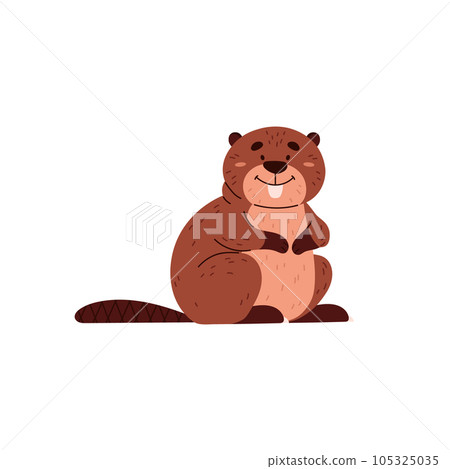 Cute cartoon beaver, brown short-haired wild mammal animal with a large flat tail vector illustration isolated on white 105325035