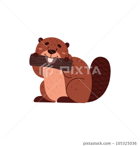 Cute funny beaver gnawing piece of wood flat style, vector illustration 105325036