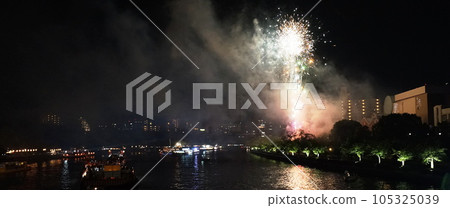 Osaka castle and fireworks display Osaka castle and fireworks display 105325039