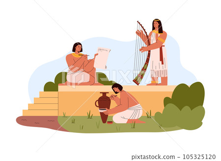 Smiling Egyptian men and women playing music, painting vase and writing flat style Smiling Egyptian men and women playing music, painting vase and writing flat style 105325120