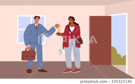 Realtor with case handing house key to happy woman scene Realtor with case handing house key to happy woman scene 105325140