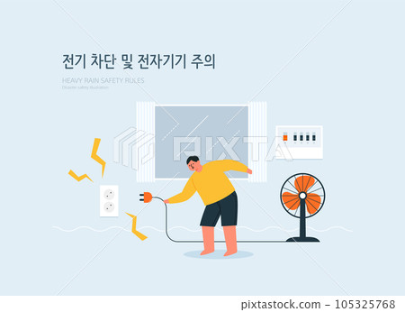 Disaster Preparedness Publicity Illustration. Korean Translation is Beware of electronics in case of flooding 105325768