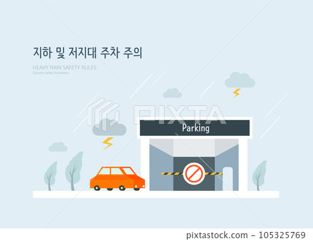 Disaster Preparedness Publicity Illustration. Korean Translation is No Parking Underground and low-lying parking lots 105325769