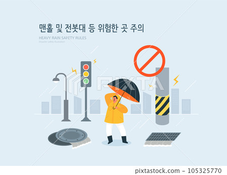 Disaster Preparedness Publicity Illustration. Korean Translation is Be careful with manholes and telephone poles in case of rain 105325770