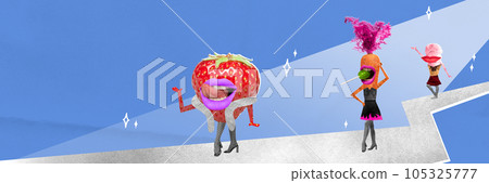 Art collage of podium on which bright strawberry, carrot and ice gream defile over blue background with imitation of light. Art collage of podium on which bright strawberry, carrot and ice gream defile over blue background with imitation of light. 105325777