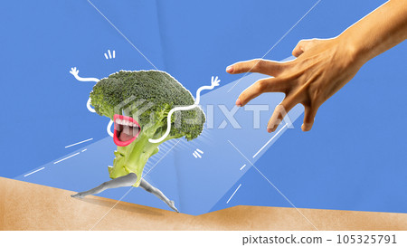 Horizontal art collage of escaping and shouting broccoly from hand over blue background with imitation of light. Horizontal art collage of escaping and shouting broccoly from hand over blue background with imitation of light. 105325791