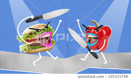 Horizontal art collage of fight between paper and hamburger over blue background with imitation of light. 105325799