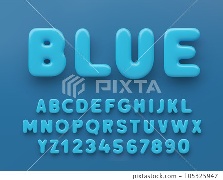 3D Blue alphabet with numbers with a glossy surface on a blue background . 3D Blue alphabet with numbers with a glossy surface on a blue background . 105325947