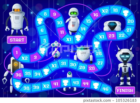 Kids board game with cartoon droids and robots. Vector step boardgame with cute androids, ai cyborgs on numbered block path with start and finish. Child riddle worksheet with funny humanoid characters Kids board game with cartoon droids and robots. Vector step boardgame with cute androids, ai cyborgs on numbered block path with start and finish. Child riddle worksheet with funny humanoid characters 105326183