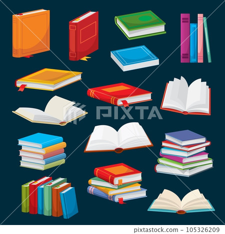 Cartoon books, bestsellers or school textbooks vector design of literature, education and knowledge. Piles of books, dictionaries, encyclopedias or novel, blank paper pages, colorful covers, bookmarks Cartoon books, bestsellers or school textbooks vector design of literature, education and knowledge. Piles of books, dictionaries, encyclopedias or novel, blank paper pages, colorful covers, bookmarks 105326209