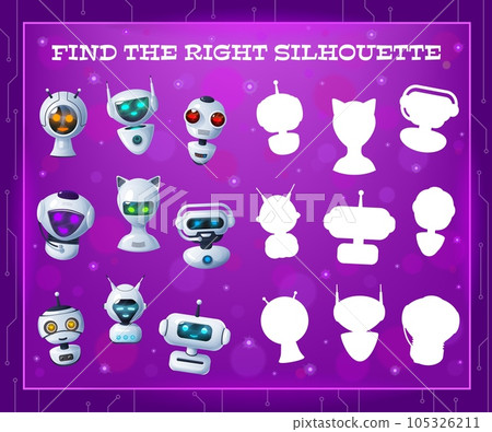 Find right robot silhouette, kids maze game or tabletop riddle, vector. Find and match silhouette of cartoon androids, robotic bots, cyber chatbots or funny cyborgs and space aliens, kids board game Find right robot silhouette, kids maze game or tabletop riddle, vector. Find and match silhouette of cartoon androids, robotic bots, cyber chatbots or funny cyborgs and space aliens, kids board game 105326211