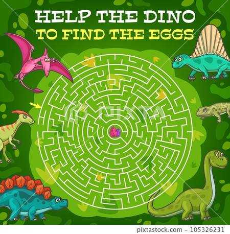 Labyrinth maze help dinosaur find the egg. Vector kids game with cartoon reptiles in jungle and round tangled path. Cute dino characters educational children riddle with funny prehistoric animals 105326231