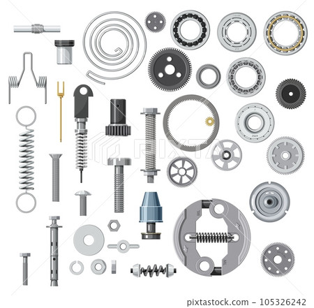 Isolated bolt, screw, nut and washer, spring, gear or cogwheel with bearings. Cartoon vector mechanic spare parts for car, engine gasket or mechanism. Machine gearwheels, transmission or gearbox parts 105326242